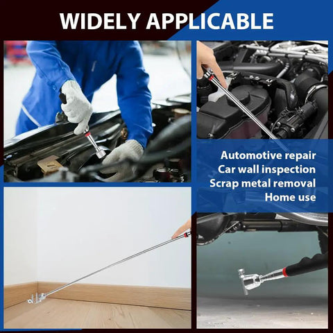 Demonstration of Six Piece Telescopic Magnetic Pick Up Tool Set With Non Slip Handles in automotive and household settings.