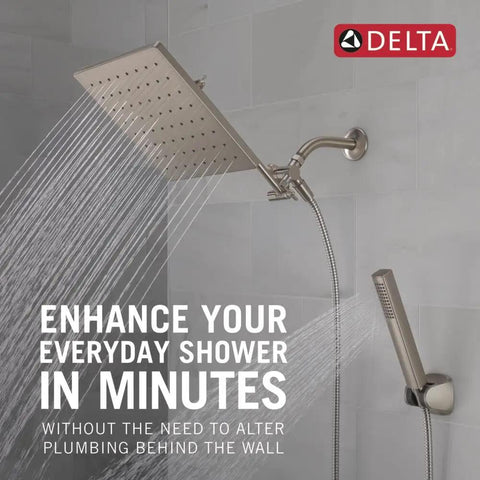 Top Shelf 10 Inch Square Raincan Shower Head With Handheld Duo In Slick Brushed Nickel Finish, showcasing rainfall spray in modern bathroom.