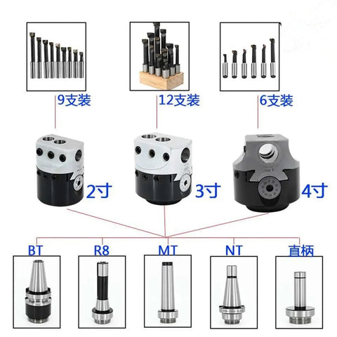 Premium One Piece Collet Chuck Holder For BT30 And R8 MT2 Tapers With F1 Boring Bar Adapter displayed with various taper adapters.