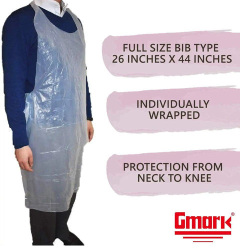 Person wearing Poly Disposable Apron Individually Wrapped 40 Count Waterproof PE From Neck To Knee Full Size Bib Type 28 Inches By 46 Inches