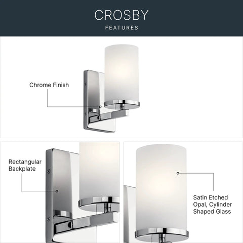 Crosby 9.25 Inch Chrome Wall Sconce with Satin Etched Opal Glass, showing chrome finish and cylinder shade for modern decor.