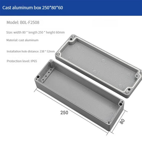 IP66 waterproof aluminum junction box, cast aluminum, 250x80x60mm, showing open design with gasket seal for outdoor protection.