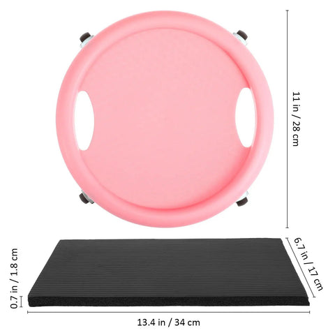 Four Wheel Ab Roller Exercise Wheel With Knee Mat For Indoor Core Workout High Load Capacity And Flexible Movement Plastic Ab Workout Gear For Men And Women Your Go To Home Gym Essential, pink wheel and black knee mat.