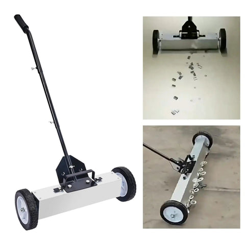 18 Inch Metal Pickup Lawn Sweeper Broom With Adjustable Handle And Wheels collecting metal scraps from a floor.