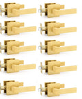 6 Pack Satin Brass Interior Door Handles With Passage Function, Heavy Duty Hall And Closet Door Lever Knobs displayed