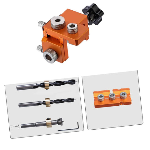 3 In 1 Wood Joinery Drill Jig Set Adjustable Hole Locator Puncher for precise drilling and assembly, featuring metal construction and 3-tool design.