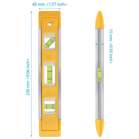 Heavy Duty Magnetic Torpedo Level With Bright Yellow Nine Inch Body featuring three bubble vials and measurements.