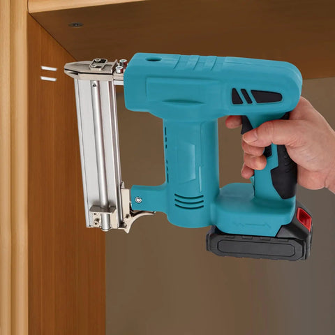 Top Shelf 20V Cordless Brad Nailer Kit With 15Ah Battery Charger used for precise woodworking on a cabinet edge.