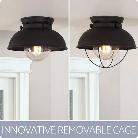 Farmhouse Nautical Flush Mount Ceiling Light With Seeded Glass Shade In Matte Black Finish, removable cage view