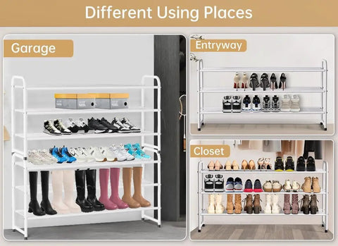 Level Up Your Space With This Heavy Duty Three Tier Shoe Rack Built Tough Metal Organizer Wide Stackable Storage Shelf In Crisp White Hits Different For Closets And Bedrooms - Displays various footwear in garage, entryway, and closet.