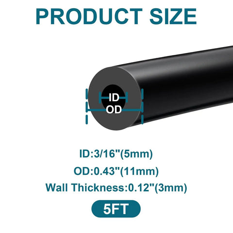 Silicone Vacuum Hose For Automotive 5mm ID Five Feet Long Black Heavy Duty High Temperature Vacuum Line 11mm OD Flexible Durable Silicone Tube Built For Car Engines, showing size dimensions.