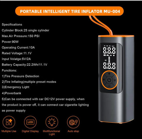 Hot Shot Portable Tire Inflator 150 Psi Air Compressor For Cars with digital display and emergency light features.