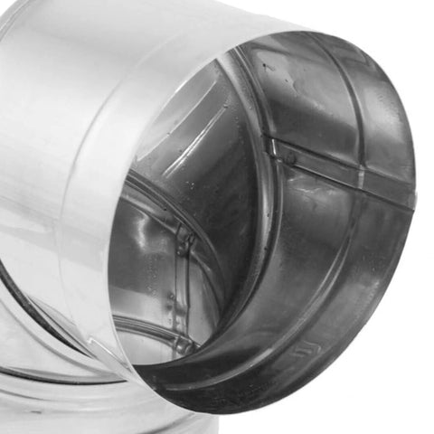 Close-up of 8 Inch Diameter Stainless Steel Single Wall Wood Burning Stove Elbow Connector 90 Degree Vent Pipe in silver finish.