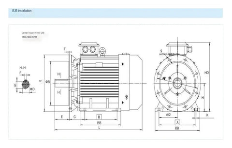 Technical drawing of 5.5 KW Permanent Magnet Synchronous Variable Frequency Drive Motor with dimensions for industrial use.