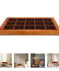 Top Shelf Solid Walnut Wood Jewelry Tray Organizer With Fifteen Grids For Rings Necklaces And Bracelets Compact Vanity Storage Display Plate For Counters, viewed from above with empty compartments.