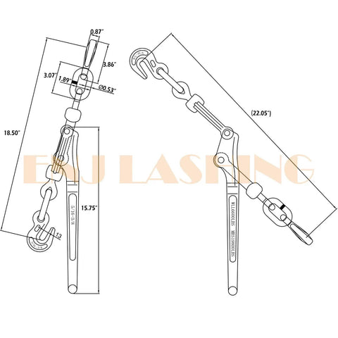 4 Pack Lever Load Binder With 2 Grab Hooks For Five Sixteenth Or Three Eighths Grade 70 Transport Chain 5400 Lb Working Load Limit diagram