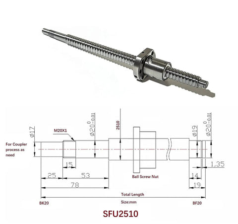 Built Tough Anti Backlash 25Mm Ball Screw Kit 75 Inch Length 10Mm Pitch showing installation diagram and components.