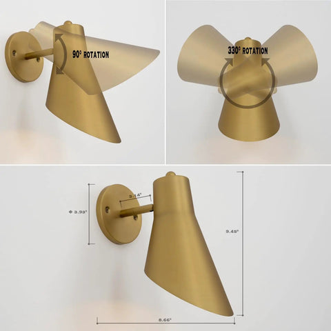 Cordless Battery Powered Wall Sconces Set Of 2 With Remote Control No Wiring Needed No Fuss Dimmable And Adjustable LED Lighting For Indoor Use Easy Install For Bedroom Living Room Hotels Antique Style 13 RGB Color Modes showing gold sconce with adjustable angles and dimensions.