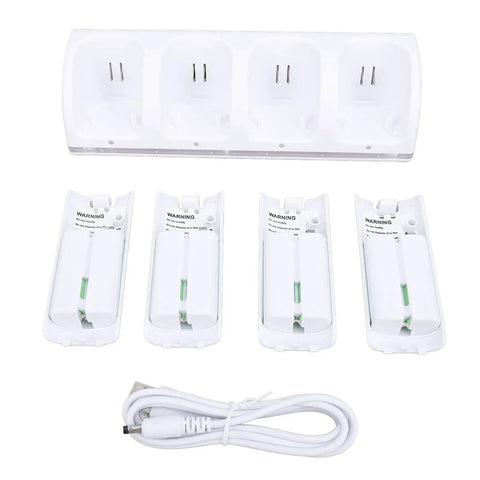 4 In 1 Remote Controller Docking Station With 4 Pack 2800mAh Rechargeable Batteries Portable Charger Stand For Game Controllers Keeps Your Gear Juiced Quick USB Charging For Xbox PlayStation Switch And More, showing charger station, batteries, and USB cable