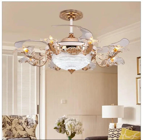 Luxury European Ceiling Fan Light With Remote Control And Invisible Blade Fan Chandelier In Trace Gold Finish Boasting 8 E27 Bulbs And 42 Inch Size For Epic Vibe, elegant design in living room