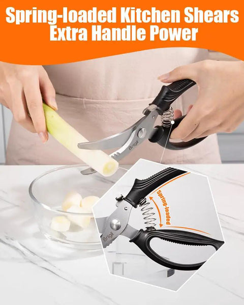 Super Tough Kitchen Shears That Make Light Work Of Cutting Whole Chickens Turkeys And Fish Bones Thanks To The Handy Spring Loaded Design Which Cuts Down Hand Fatigue Stainless Steel Scissors Built For Serious Kitchen Duty And Everyday Use in use cutting scallions.