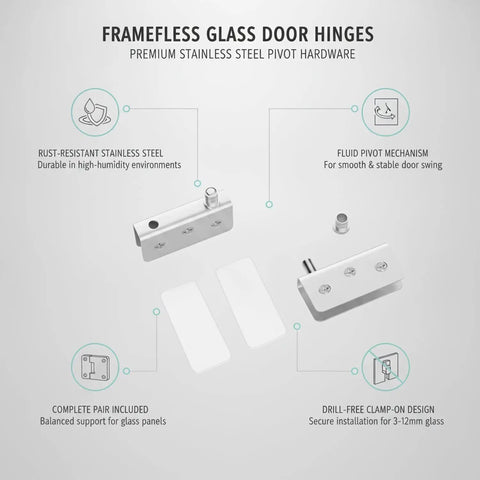 Diagram of Stainless Steel Clamp On Glass Door Hinges For Shower Enclosures And Cabinets highlighting features and components