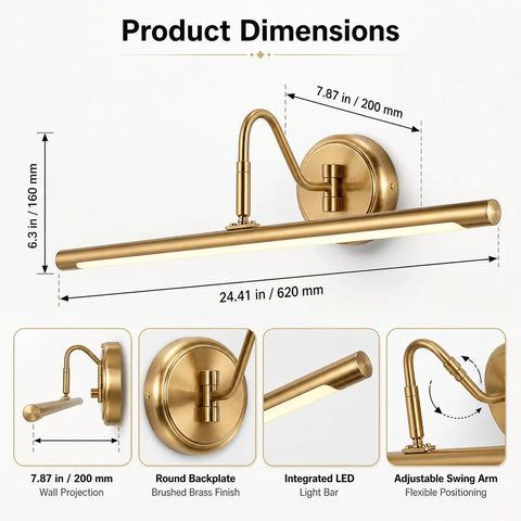 Brass Finish 24.4 Inch Hard Wired Led Picture Light With Swing Arm Wall Mount For Paintings Slim 14W Warm White 3000K Display Sconce