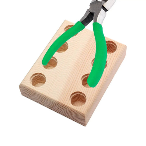 Beading And Pliers Organizer Tray For Desktop And Workbench Tools Multi Slot Pliers Storage Rack, wooden with green-handled pliers