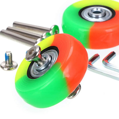 Heavy Duty 50Mm Luggage Replacement Wheels Featuring 18Mm Wide Rim Rock Solid Ball Bearings And Hassle Free Mounting Kit For Smooth Suitcase Travel Repair, colorful rubber wheels and mounting hardware.