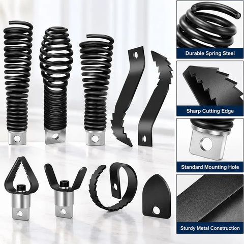 Heavy Duty Eight Piece Drain Auger Head Replacement Kit For General Mini Rooter Pro features metal spiral heads and cutting tools.