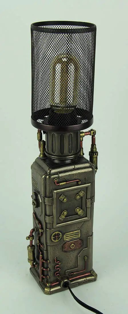 Steampunk Industrial Fuel Dispenser Tower Table Lamp With Retro Machinery Vibe in vintage metal finish