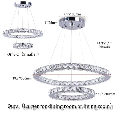 LED Modern Crystal Ring Pendant Chandelier With Two Adjustable Rings And K9 Crystals, Stainless Steel Ceiling Light Fixture.