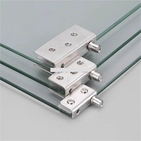 Two Pack Stainless Steel Glass Door Hinges for 5-8mm, 8-10mm, and 10-12mm Frameless Panels, showing installation on glass panels