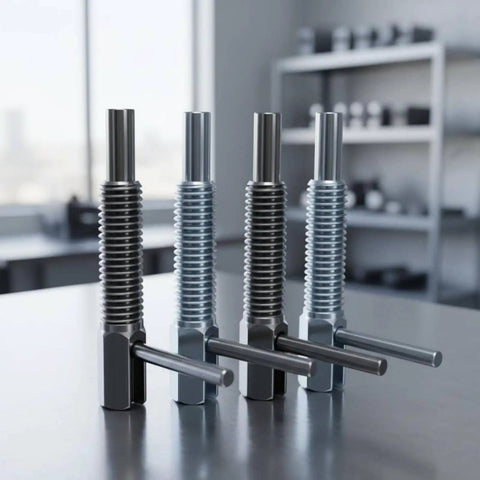 Threaded Spring Indexing Pin With Cross Handle Easy Pull Locator Plunger For Jigs And Automation Gear on a table.