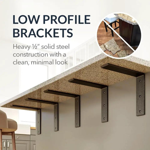 Rock Solid Front Mount L Bracket Heavy Duty Steel Countertop Support Low Profile Cabinet Overhang Hardware 12 Inch Deep By 10 Inch High installed under countertop.