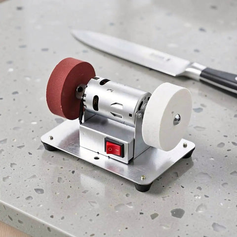 Rock Solid Electric Knife Sharpener Stainless Steel Bench Grinder on countertop for kitchen tools use.