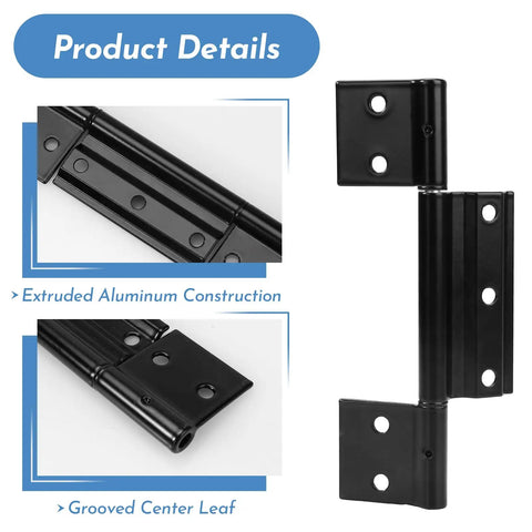 3Pack Matte Black Screen Door Hinges Featuring One Eighth Inch Grooved Center Leaf Fits Most Patio Enclosure Storm Doors Hella Solid Aluminum Construction Offering Dope Finish and Rust Proof Performance Upgrades Your Patio Setup Now close-up of extruded aluminum construction and grooved center leaf.