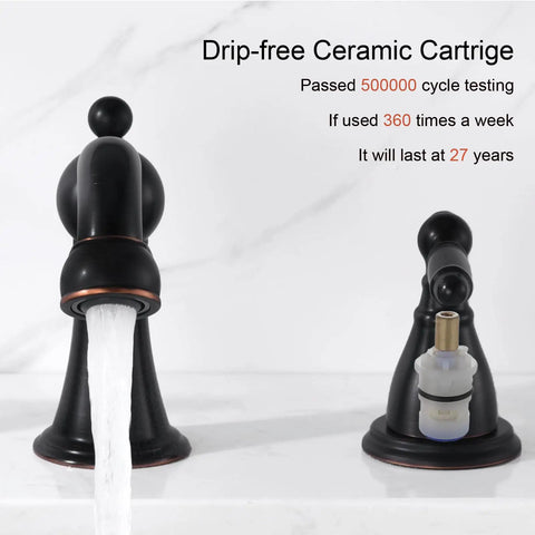 Slick Oil Rubbed Bronze 8 Inch Widespread Bathroom Sink Faucet With Drain, Double Lever Handle, showing drip-free ceramic cartridge