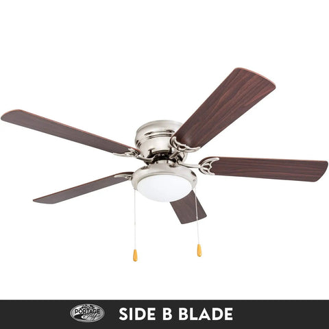 Low Ceiling Friendly Hugger 52 Inch White Ceiling Fan With Bowl Light Kit, frosted light, dual finish blades white on maple, side view