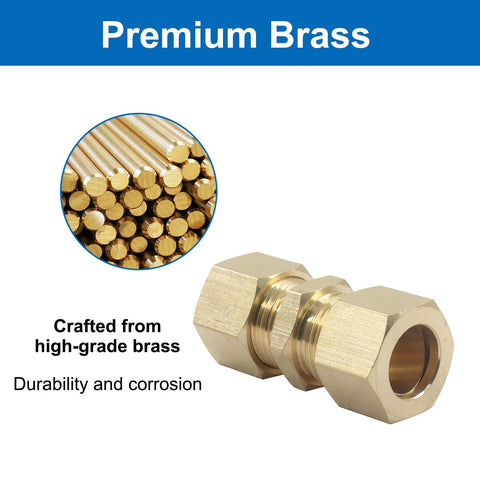 Five-pack brass compression tube fittings, 1/2 in OD x 1/2 in OD union connectors with hex ends.