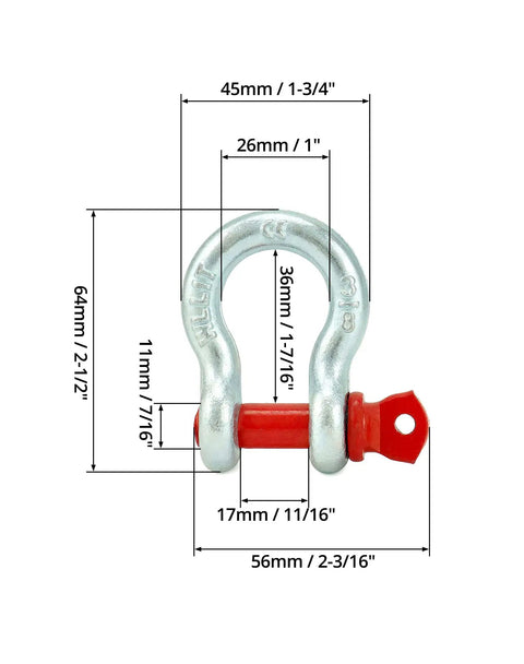 Hella Rugged Three Eighths Inch Galvanized Screw Pin Anchor Shackles with dimensions for heavy duty towing and marine use.