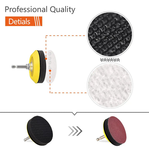 Close-up of 3 Inch Sanding Discs Kit All In One With 100 Pcs Discs And 2 Buffing Sponge Blocks, shank detail shown.