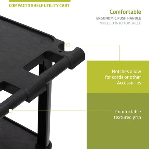 Close-up of the top shelf of a 3 Tier Compact Utility Cart With Lockable Wheels Heavy Duty Plastic Organizer Rolling Cart, ergonomic handle in black.