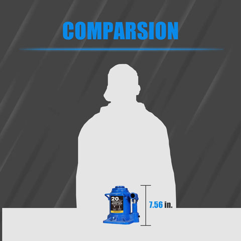 Beefy 20 Ton Bottle Jack Heavy Duty Hydraulic Car Jack For Auto, Truck And Home Lift in blue next to silhouette for size comparison