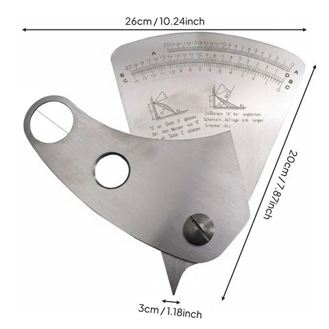 Close-up of stainless steel weld gauge showing inch scale for fabrication and weld setup, with rust-resistant finish and measurements.