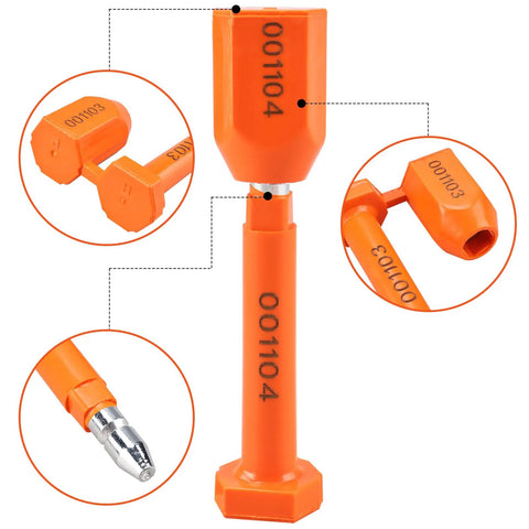 Rock Solid Shipping Container Bolt Seals 100 Pack Orange Steel Core Locks with progressive numbering and tamper evident design.