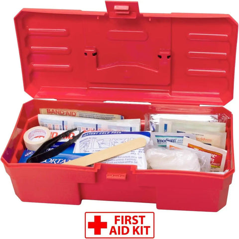 12 Inch Plastic ProBox Toolbox For Tools Hobby And Craft Storage Red Grab And Go Organizer with first aid supplies inside.