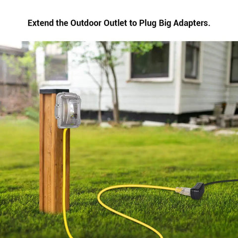 Beefy 15 Ft 12/3 Extension Cord With LED Lighted End for indoor outdoor use, connecting to outdoor outlet post in lawn scene.