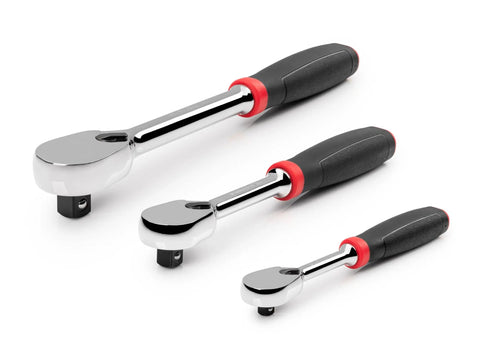 Three-piece No Quick Release Comfort Grip Ratchet Set in 1/4, 3/8, 1/2 inch drives with 90-tooth gear and ultra-compact head