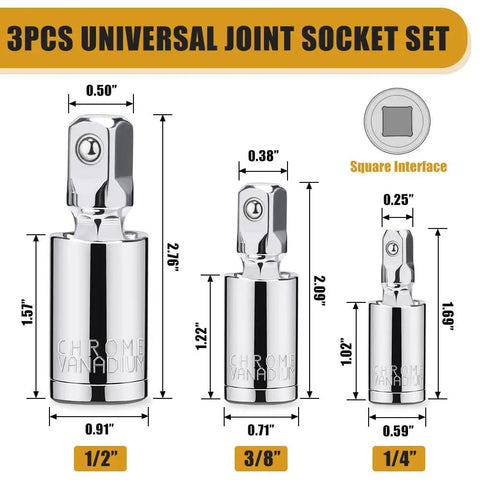 Three Piece Universal Joint Socket Set One Quarter Inch Drive Three Eighths Inch Drive And One Half Inch Drive Swivel Sockets In Premium Chrome Vanadium Steel display